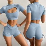 Summer Sports Blue Yoga Crop Top and Shorts Two-Piece Set