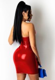 Summer Red Leather Cut Out Sexy Halter Ruched Bodycon Dress
