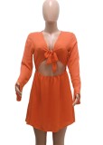 Summer Orange Cut Out Long Sleeve Knotted Sexy Skater Dress