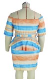 Summer Plus Size Wide Stripes Off Shoulder Peplum Dress with Belt