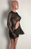 Summer Black Plaid Cut Out Sexy Ruched Strings Club Dress with Full Sleeves