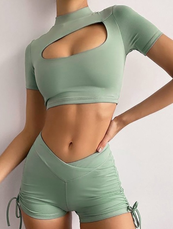 Summer Sports Green Yoga Crop Top and Shorts Two-Piece Set
