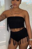 Summer Sexy Black Fringe Strapless Crop Top and High Cut Shorts Set