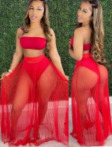 Summer Red Bandeau Top and Mesh Skirt 2PC Set