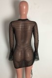 Summer Black Plaid Cut Out Sexy Ruched Strings Club Dress with Full Sleeves
