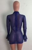 Summer Blue Plaid Cut Out Sexy Ruched Strings Club Dress with Full Sleeves