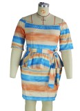 Summer Plus Size Wide Stripes Off Shoulder Peplum Dress with Belt