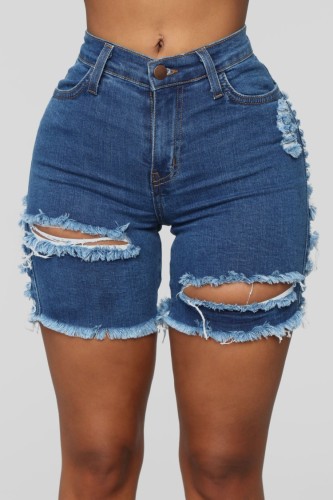 Summer Dark Blue Jeans-Shorts mit hoher Taille und gerippten Fransen