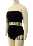 Summer Sexy Black Fringe Strapless Crop Top and High Cut Shorts Set