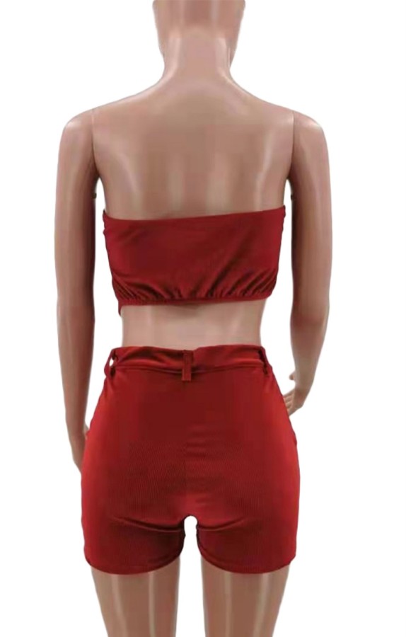 Wholesale Summer Red Velvet Sexy Strapless Crop Top And Shorts 2 Piece Set Global Lover 3943