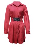Spring Casual Red Lace-Up Long Sleeve Blouse Dress