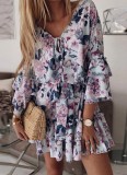 Summer Casual Floral V-Neck Short Sundress with Wide Sleeves