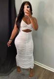 Summer White Sexy Cut Out Ruched Strap Long Party Dress