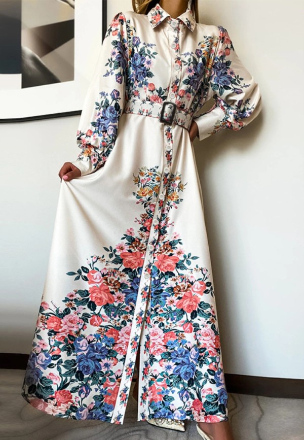 Spring Floral White Floral Long Maxi Dress with Full Sleeves