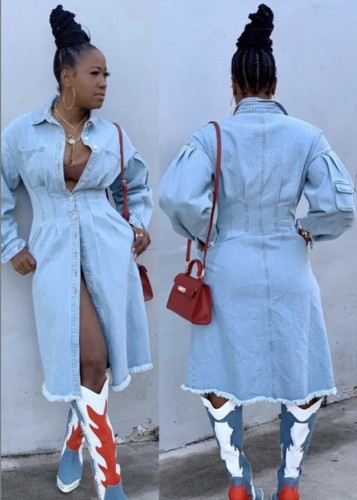 Casual Light Blue Long Denim Jacket with Full Sleeves