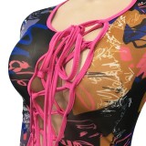 Summer Print Lace-Up Long Sleeve Mini Bodycon Dress