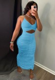 Summer Blue Sexy Cut Out Ruched Strap Long Party Dress