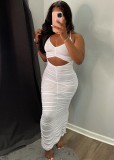 Summer White Sexy Cut Out Ruched Strap Long Party Dress