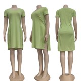 Summer Casual Green Side Slit Long Shirt and Biker Shorts 2pc Set