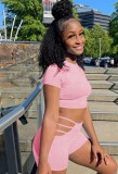 Summer Pink Sexy Crop Top and Hollow Out Shorts 2 Piece Set