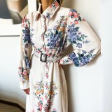 Spring Floral White Floral Long Maxi Dress with Full Sleeves
