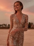 Summer Formal Sexy Rhinestones Deep-V Mini Dress with Full Sleeves