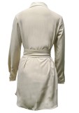 Spring Casual Khaki Lace-Up Long Sleeve Blouse Dress