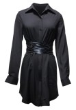 Spring Casual Black Lace-Up Long Sleeve Blouse Dress