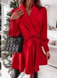 Spring Casual Red Puff Sleeve Wrap Skater Dress with Belt