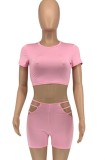 Summer Pink Sexy Crop Top and Hollow Out Shorts 2 Piece Set