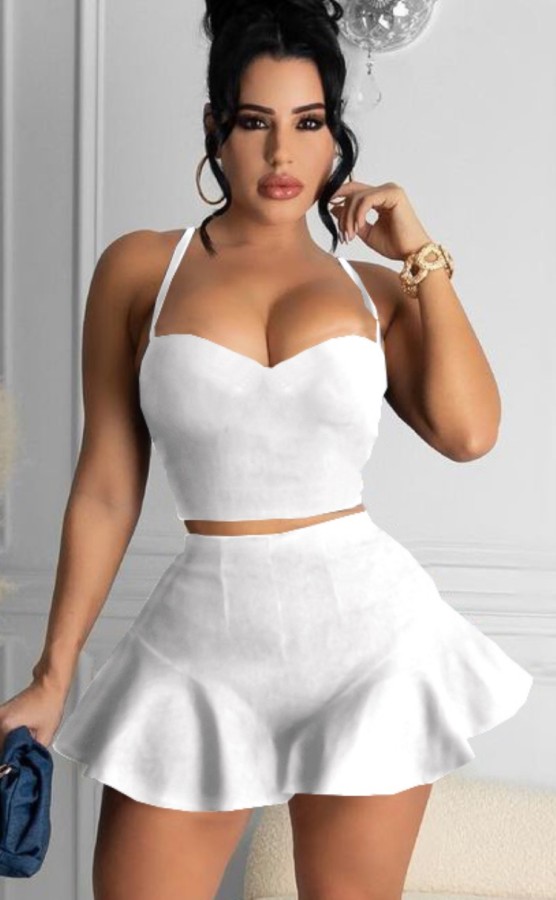 Summer White Sexy Halter Crop Top and Flare Shorts 2 Piece Set