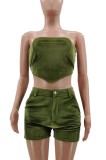 Summer Green Velvet Sexy Strapless Crop Top and Shorts 2 Piece Set