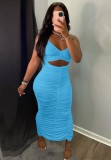 Summer Blue Sexy Cut Out Ruched Strap Long Party Dress