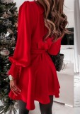 Spring Casual Red Puff Sleeve Wrap Skater Dress with Belt