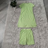 Summer Casual Green Side Slit Long Shirt and Biker Shorts 2pc Set