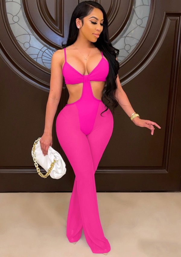 Summer Party Sexy Cut Out Pink Strap Jumpsuit