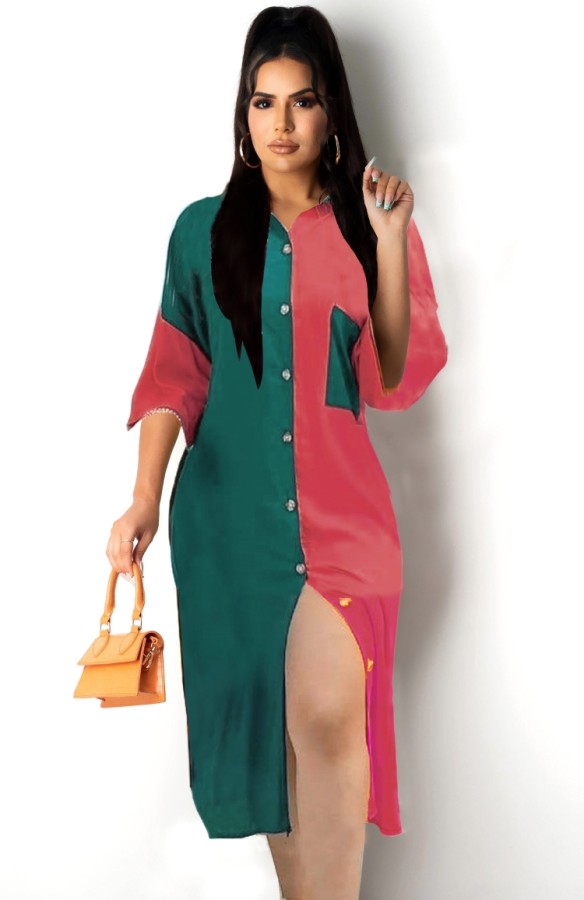 Summer Casual Color Block Long Blouse Dress