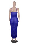 Summer Formal Blue Sexy Ruched Strap Long Dress