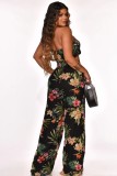 Summer Black Floral Knotted Crop Top and Wide Pants Set
