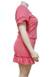 Summer Plus Size Casual Pink Beaded Shirt and Mini Skirt Set