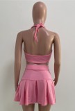Summer Pink Sexy Knotted Bra and Pleated Skirt Set