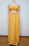 Summer Plus Size Polka Yellow Strapless Crop Top and Slit Long Skirt Set