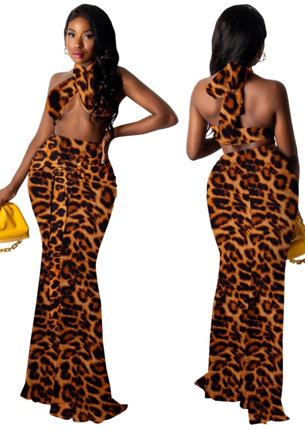Summer Print Leopard Halter Wrap Crop Top and Long Skirt Set