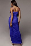 Summer Formal Blue Sexy Ruched Strap Long Dress