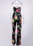 Summer Black Floral Knotted Crop Top and Wide Pants Set
