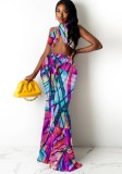 Summer Print Multicolor Halter Wrap Crop Top and Long Skirt Set