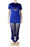Summer Plus Size Blue Sexy Ripped Long Party Dress