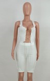 Summer White Sexy Lace-Up Vest and Biker Shorts 2PC Set