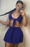 Summer Blue Sexy Knotted Bra and Pleated Skirt Set