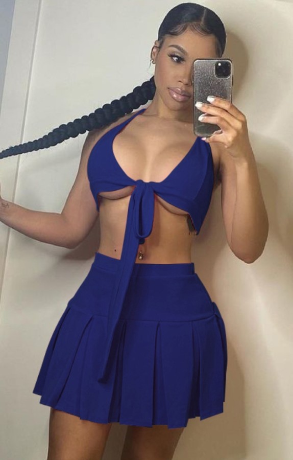 Summer Blue Sexy Knotted Bra and Pleated Skirt Set